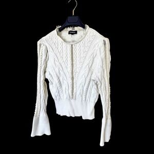 Express Vintage Y2K Sweater Sz Small Coquette Lace Flare Sleeve Cream Cable Knit